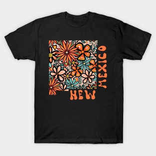 New Mexico State Design | Artist Designed Illustration Featuring New Mexico State Outline Filled With Retro Flowers with Retro Hand-Lettering T-Shirt